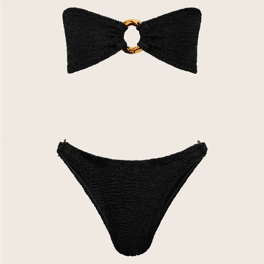 New Hunza G Gloria Bikini Set Black Strapless Bandeau Crinkle One Size Stretchy